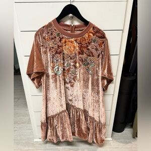 Free People Sweet Echoes Velvet Mini Dress Ruffle Hem Cedar Wood Combo